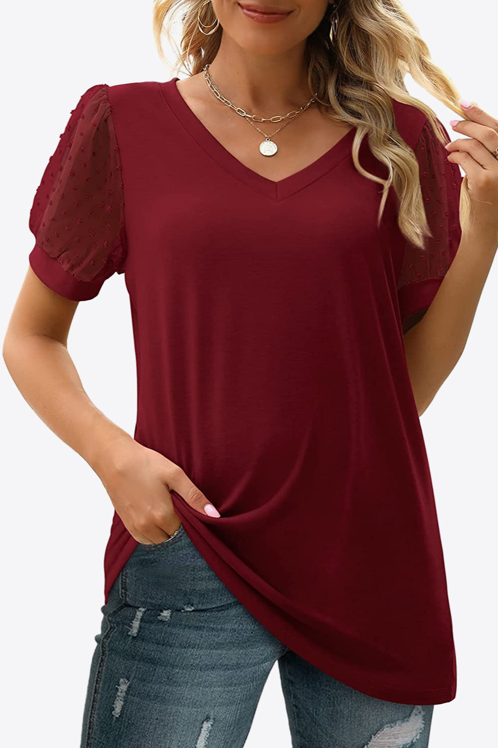 Swiss Dot Puff Sleeve V-Neck Tee - Whimsical Appalachian Boutique