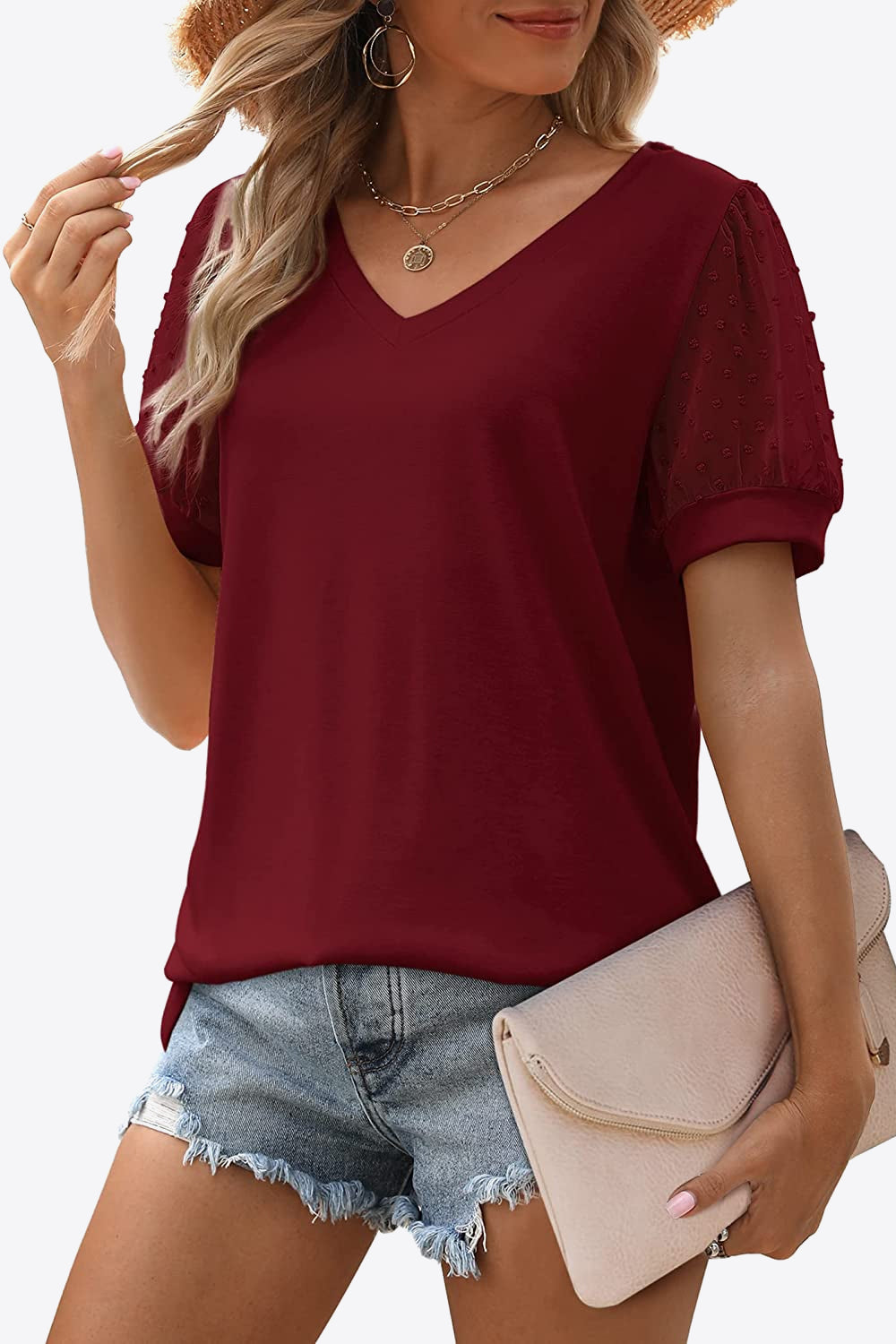 Swiss Dot Puff Sleeve V-Neck Tee - Whimsical Appalachian Boutique