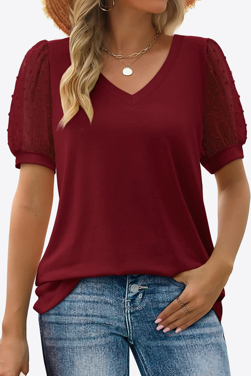 Swiss Dot Puff Sleeve V-Neck Tee - Whimsical Appalachian Boutique