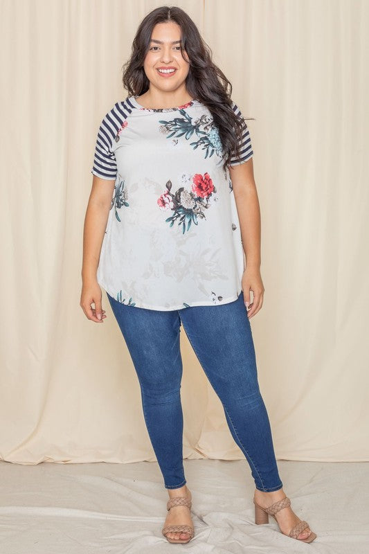 Plus Size Striped Sleeve Tee - Whimsical Appalachian Boutique