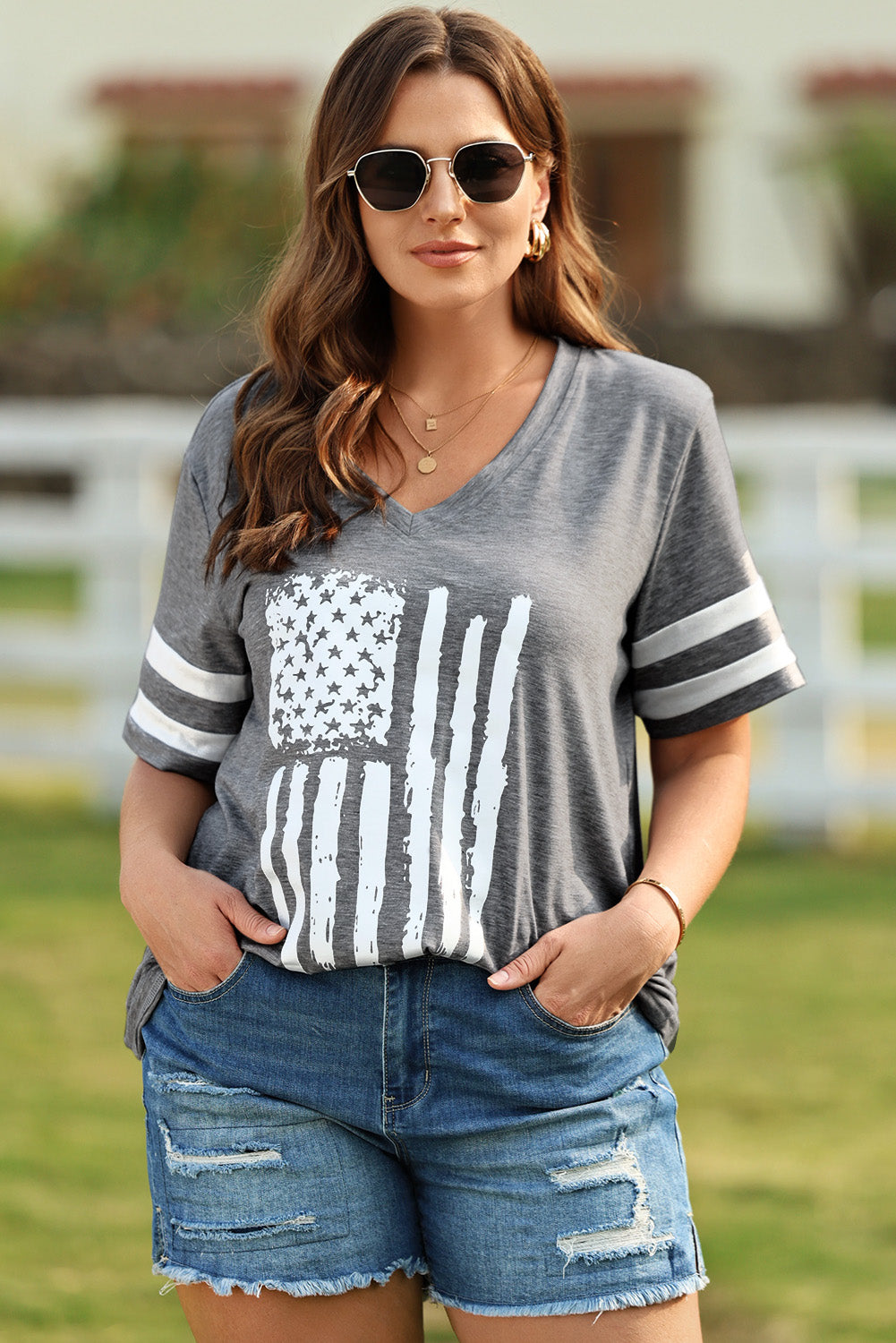 Plus Size US Flag Graphic V-Neck Tee - Whimsical Appalachian Boutique