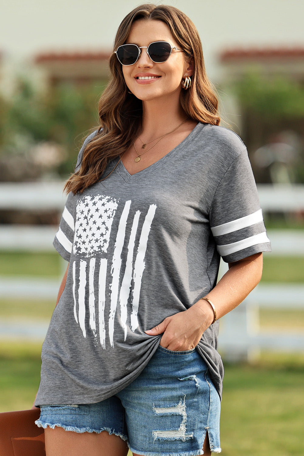 Plus Size US Flag Graphic V-Neck Tee - Whimsical Appalachian Boutique