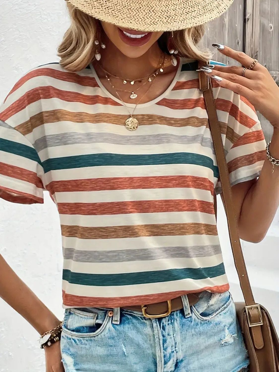 Striped Round Neck Short Sleeve T-Shirt - Whimsical Appalachian Boutique