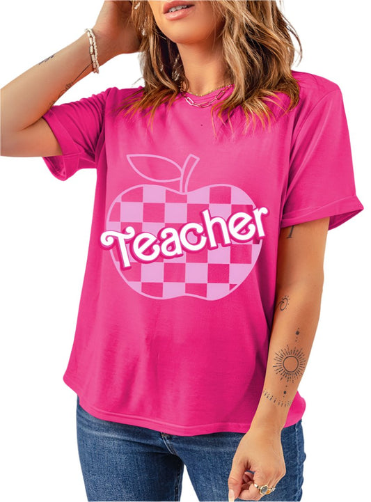 Hot Pink "Teacher" Graphic Tee - Checkered Apple Design - Whimsical Appalachian Boutique