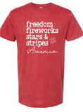 "Freedom, Fireworks, Stars & Stripes" Patriotic Tee - Red