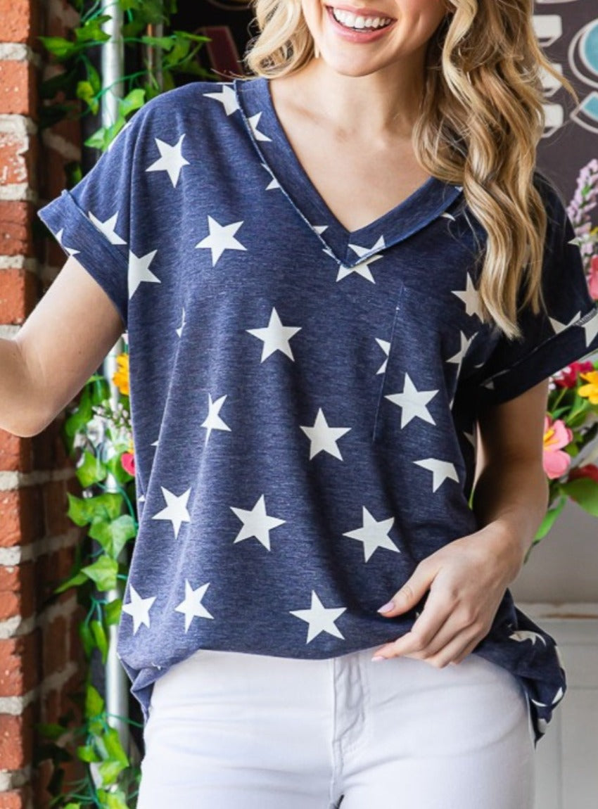 Heimish Star Print V-Neck Short Sleeve T-Shirt - Whimsical Appalachian Boutique