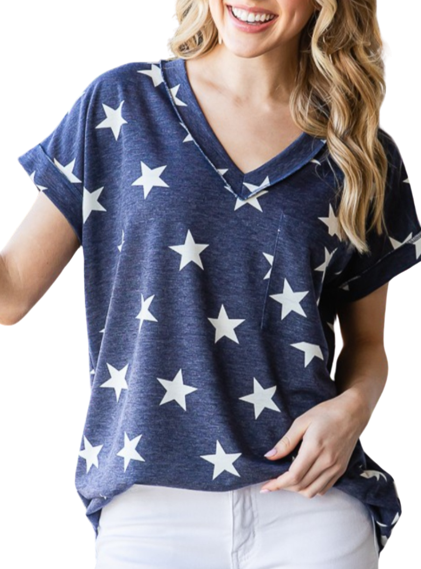 Heimish Star Print V-Neck Short Sleeve T-Shirt - Whimsical Appalachian Boutique