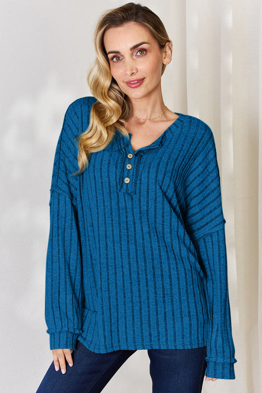 Basic Bae Ribbed Half Button Long Sleeve T-Shirt