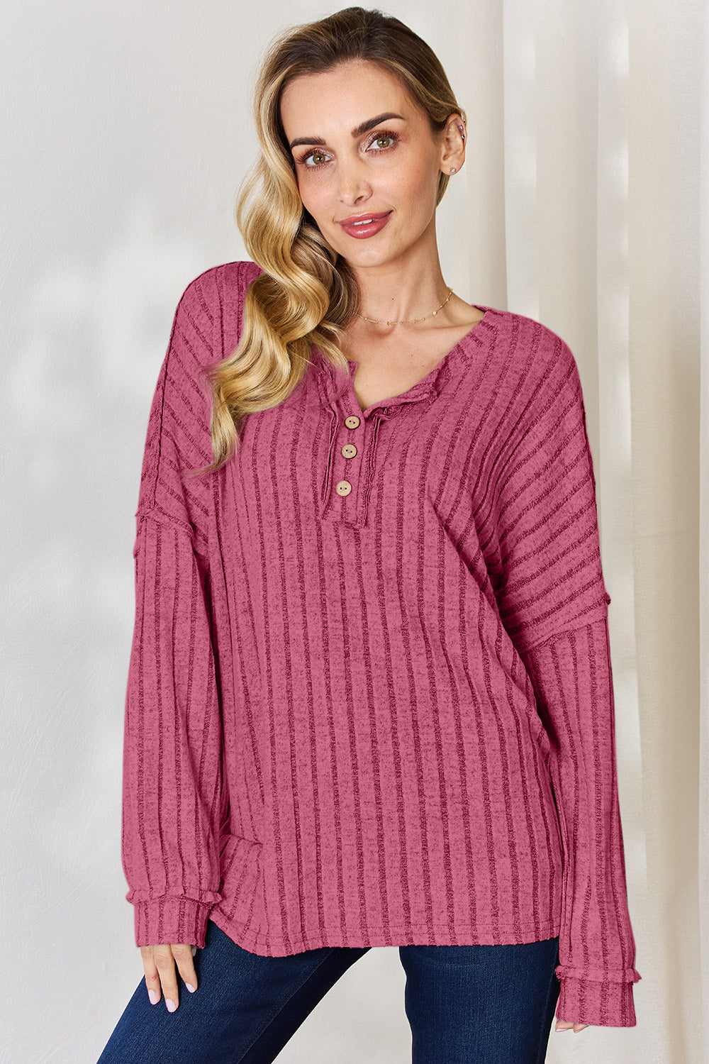 Basic Bae Ribbed Half Button Long Sleeve T-Shirt