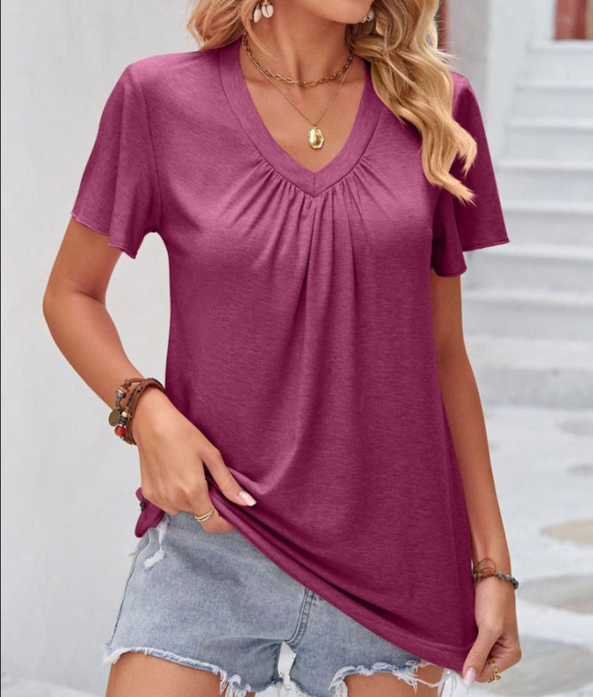 Double Take Ruched V-Neck Short Sleeve T-Shirt - Whimsical Appalachian Boutique