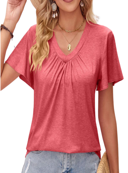 Double Take Ruched V-Neck Short Sleeve T-Shirt - Whimsical Appalachian Boutique