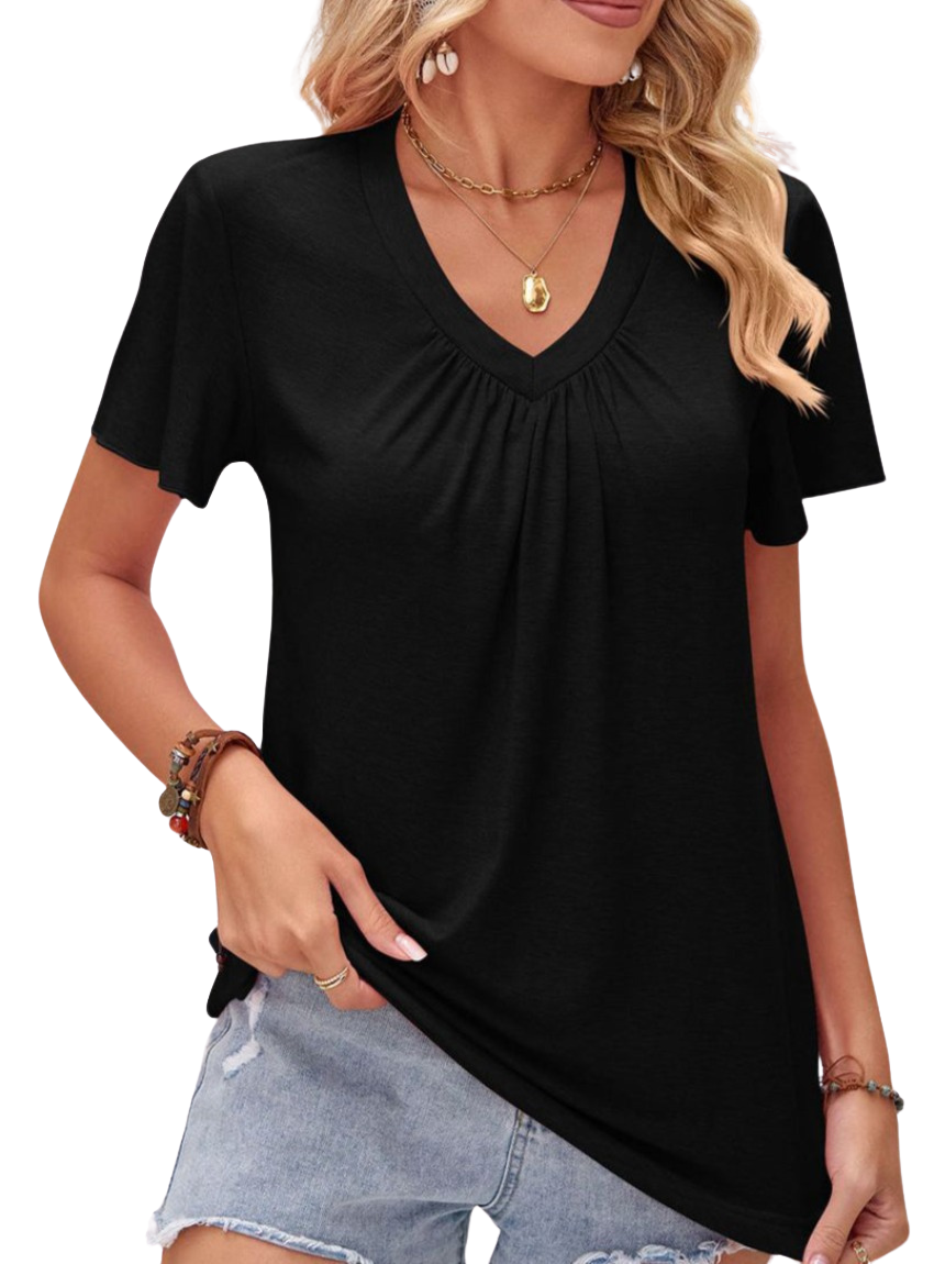 Double Take Ruched V-Neck Short Sleeve T-Shirt - Whimsical Appalachian Boutique