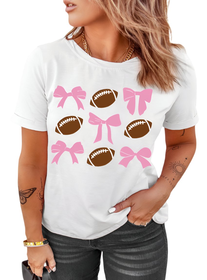 Football & Bow Short Sleeve Graphic T-Shirt - Whimsical Appalachian Boutique