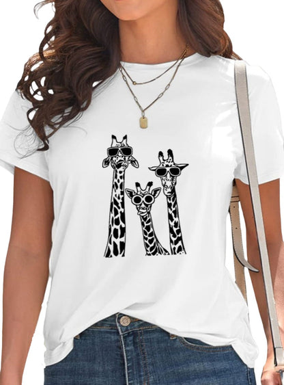 Giraffe Graphic Round Neck T-Shirt - Whimsical Appalachian Boutique