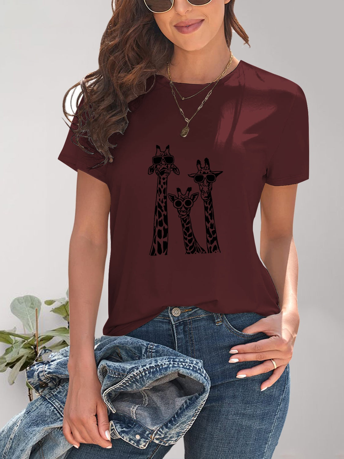 Giraffe Graphic Round Neck T-Shirt - Whimsical Appalachian Boutique