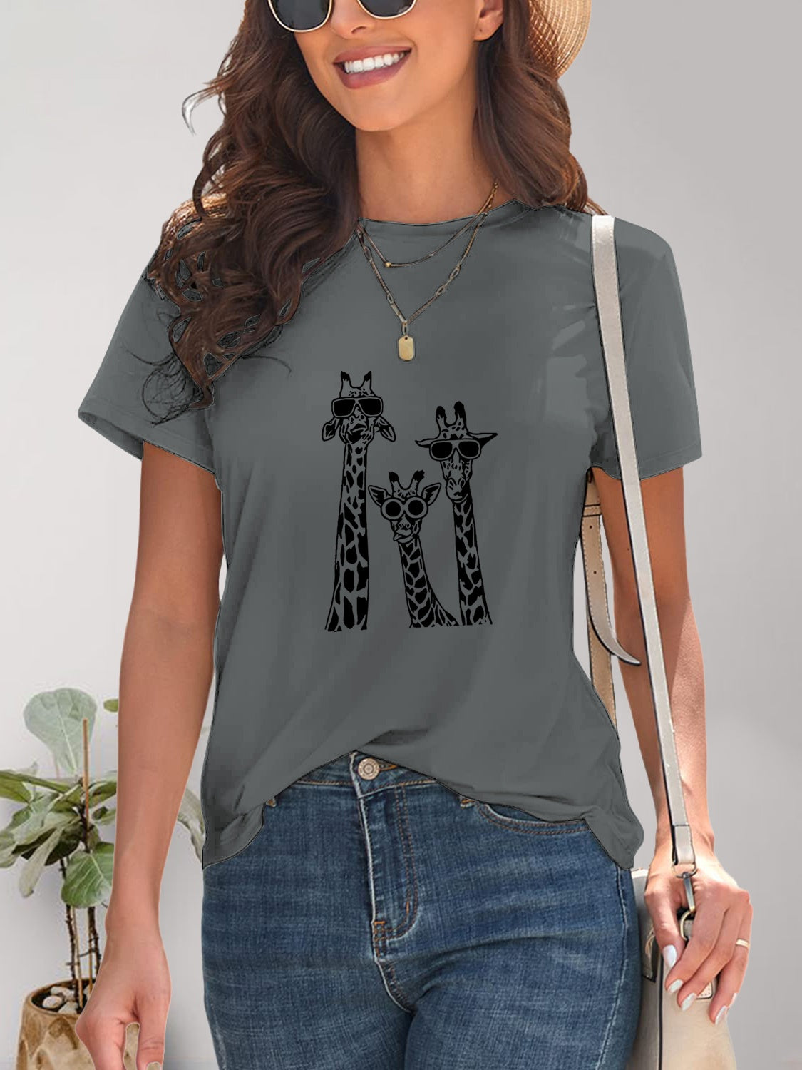 Giraffe Graphic Round Neck T-Shirt - Whimsical Appalachian Boutique