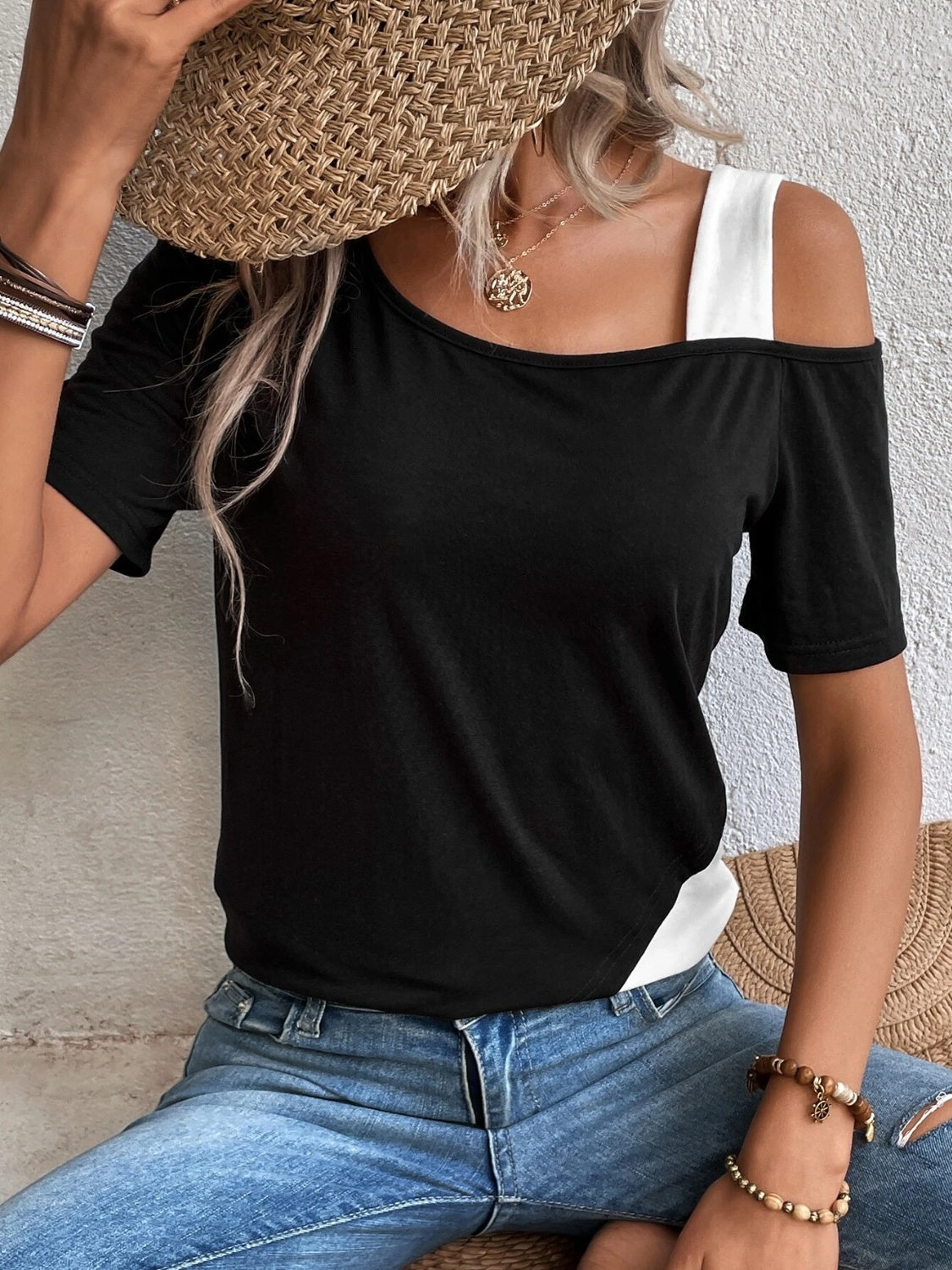 Trendy Asymmetrical Neck Short Sleeve T-Shirt - Whimsical Appalachian Boutique