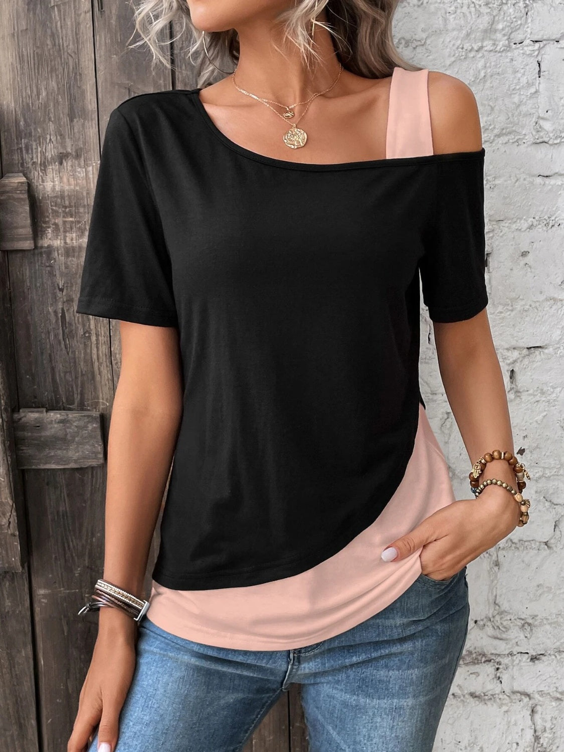 Trendy Asymmetrical Neck Short Sleeve T-Shirt - Whimsical Appalachian Boutique