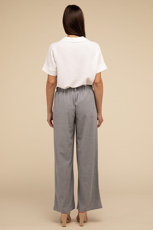 Tailored gray waffle pants with relaxed silhouette
