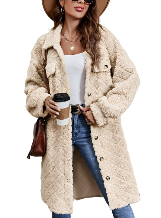 front view of tan fuzzy button-up coat with quilted texture
