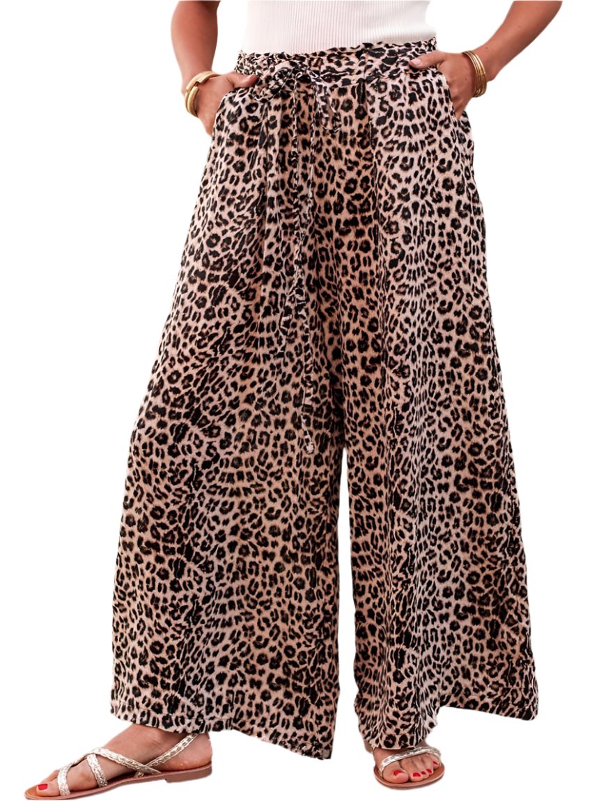 Tan leopard print wide leg pants with adjustable drawstring waist