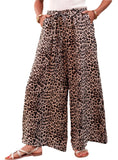 Tan leopard print wide leg pants with adjustable drawstring waist