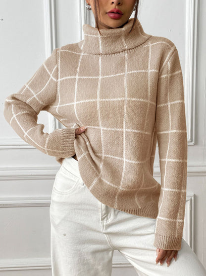 Tan plaid turtleneck sweater for casual fall and winter outfits