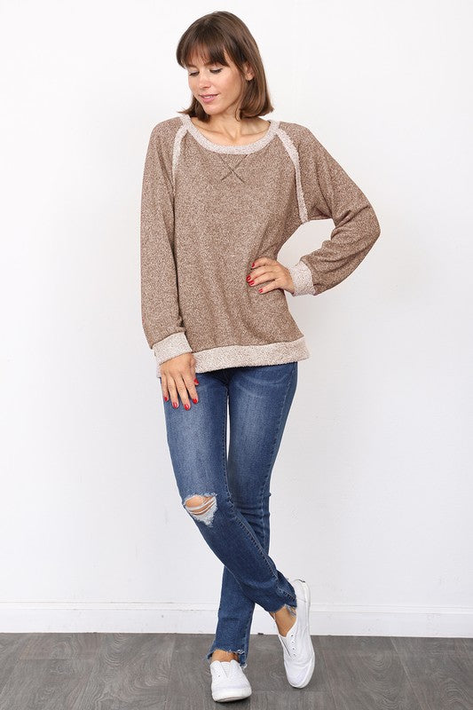 Tan shimmer French terry pullover, long sleeve, perfect for casual wear.
