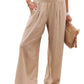 Women's tan wide leg pants with a comfortable smocked waistband
