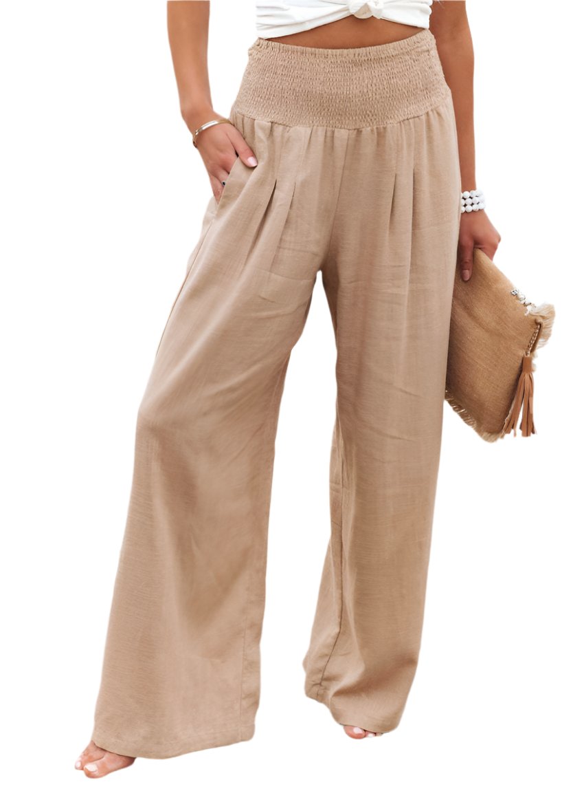 Women's tan wide leg pants with a comfortable smocked waistband
