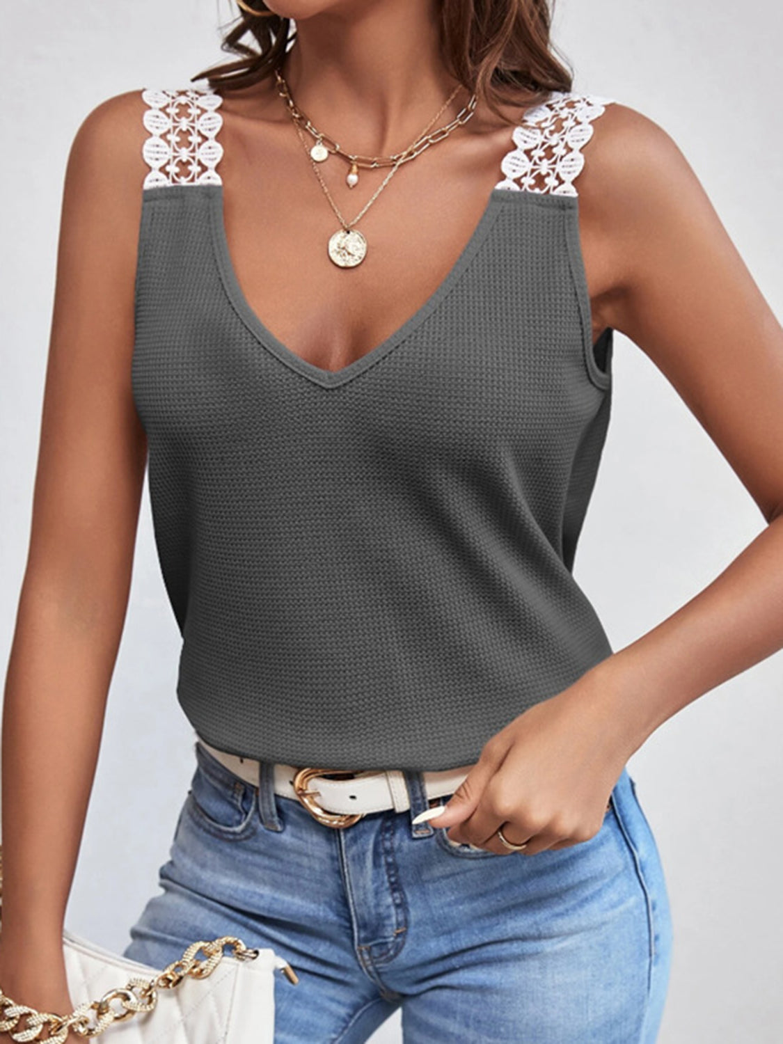 Lace Detail Waffle-Knit V-Neck Tank - Whimsical Appalachian Boutique