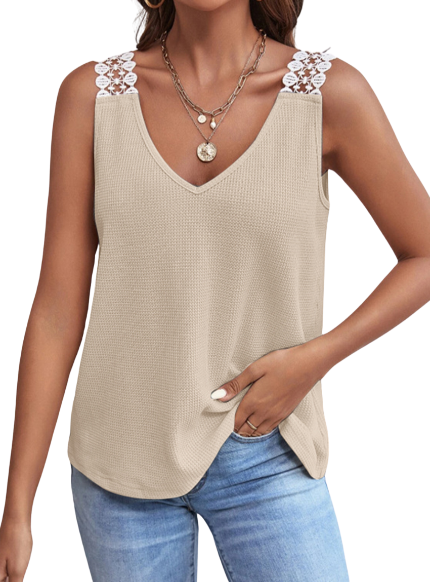 Lace Detail Waffle-Knit V-Neck Tank - Whimsical Appalachian Boutique