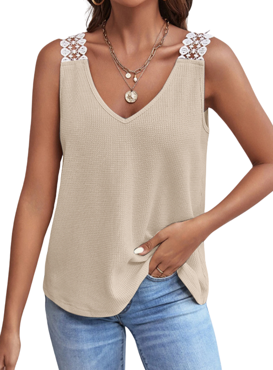 Lace Detail Waffle-Knit V-Neck Tank - Whimsical Appalachian Boutique