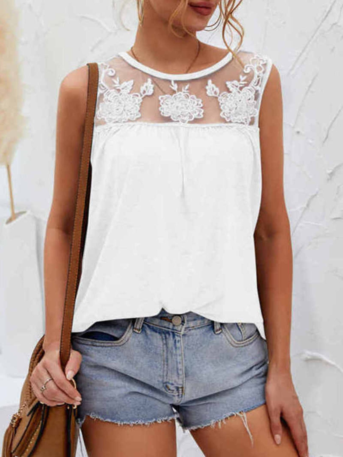 Lace Detail Round Neck Tank Top - Whimsical Appalachian Boutique