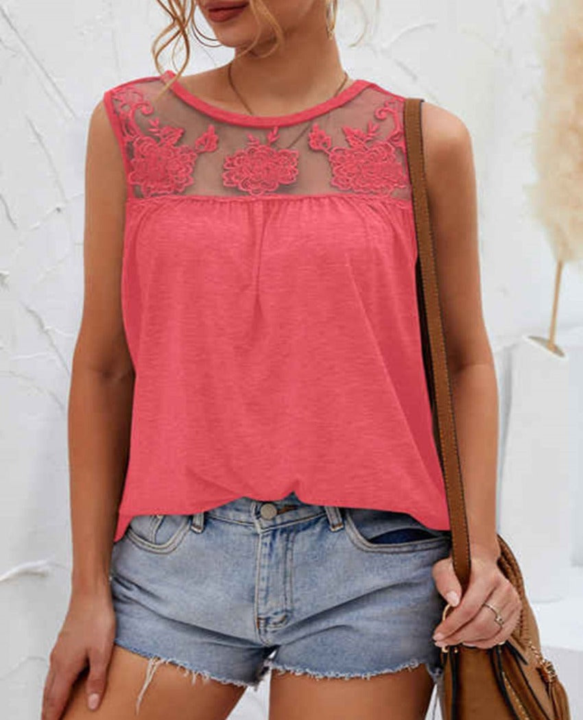 Lace Detail Round Neck Tank Top - Whimsical Appalachian Boutique