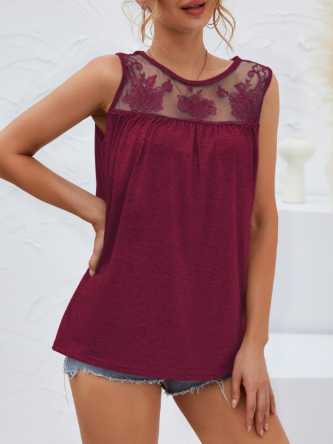 Lace Detail Round Neck Tank Top - Whimsical Appalachian Boutique