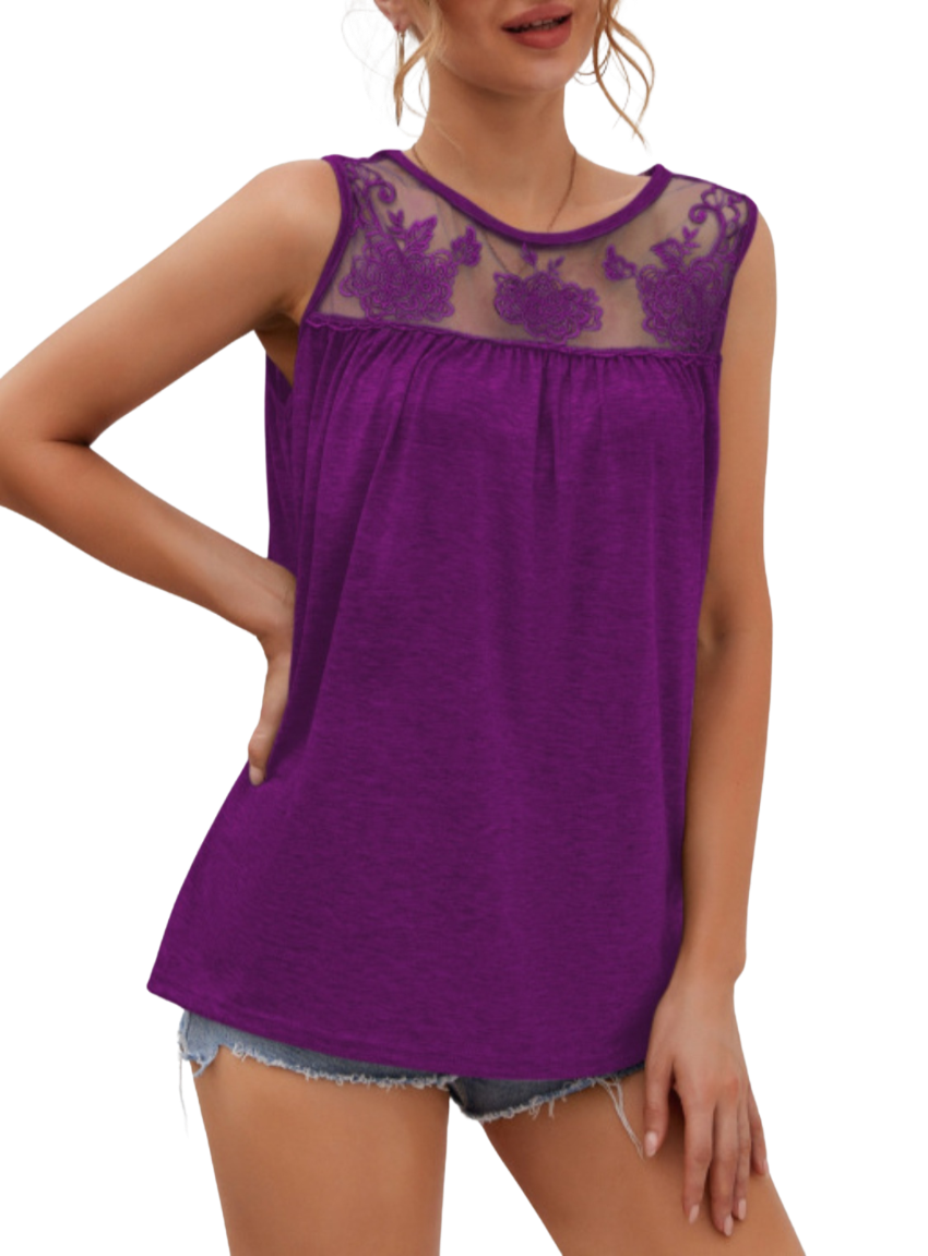 Lace Detail Round Neck Tank Top - Whimsical Appalachian Boutique