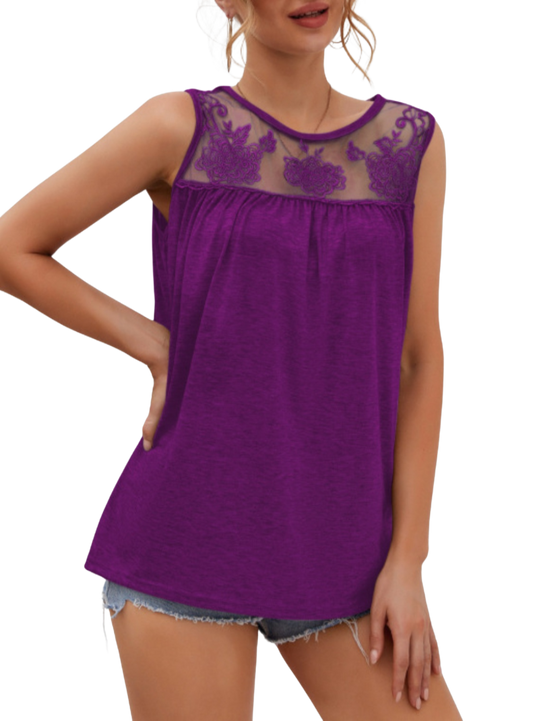 Lace Detail Round Neck Tank Top - Whimsical Appalachian Boutique