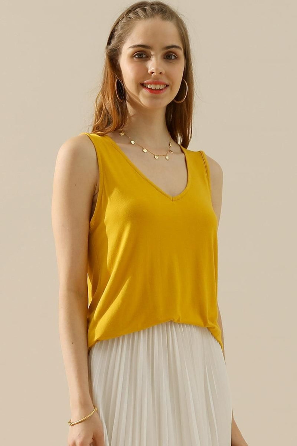 Ninexis Full Size V-Neck Curved Hem Tank - Whimsical Appalachian Boutique