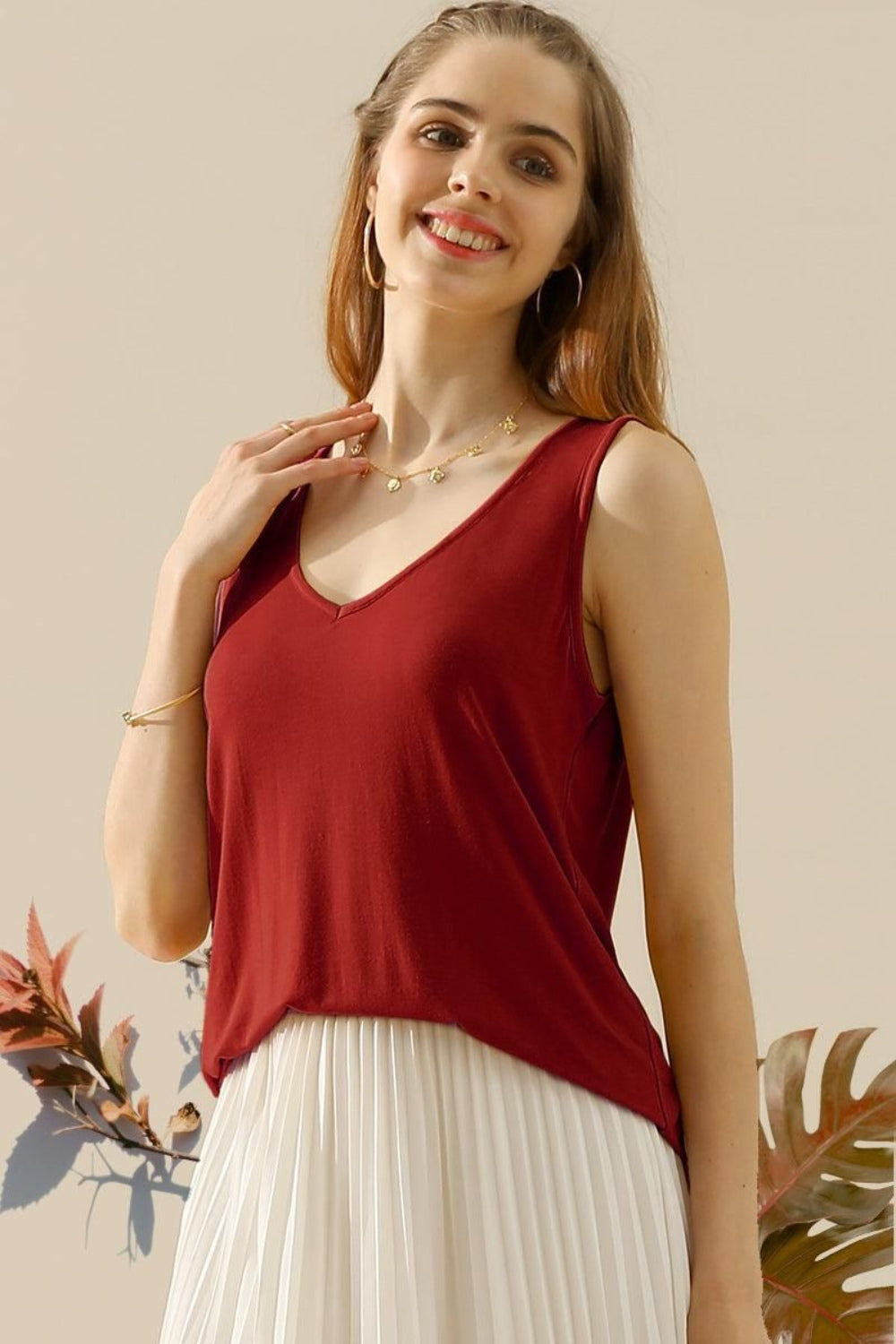 Ninexis Full Size V-Neck Curved Hem Tank - Whimsical Appalachian Boutique