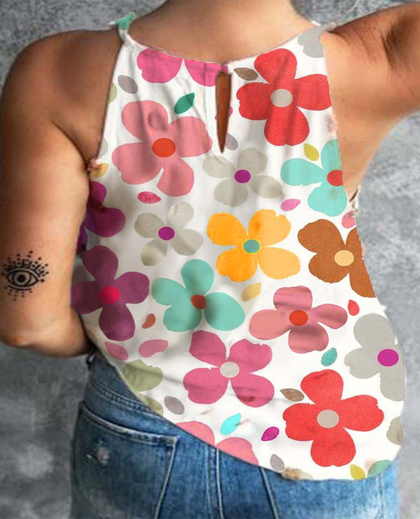 Flower Printed Round Neck Tank - Whimsical Appalachian Boutique