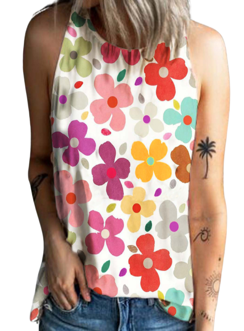 Flower Printed Round Neck Tank - Whimsical Appalachian Boutique