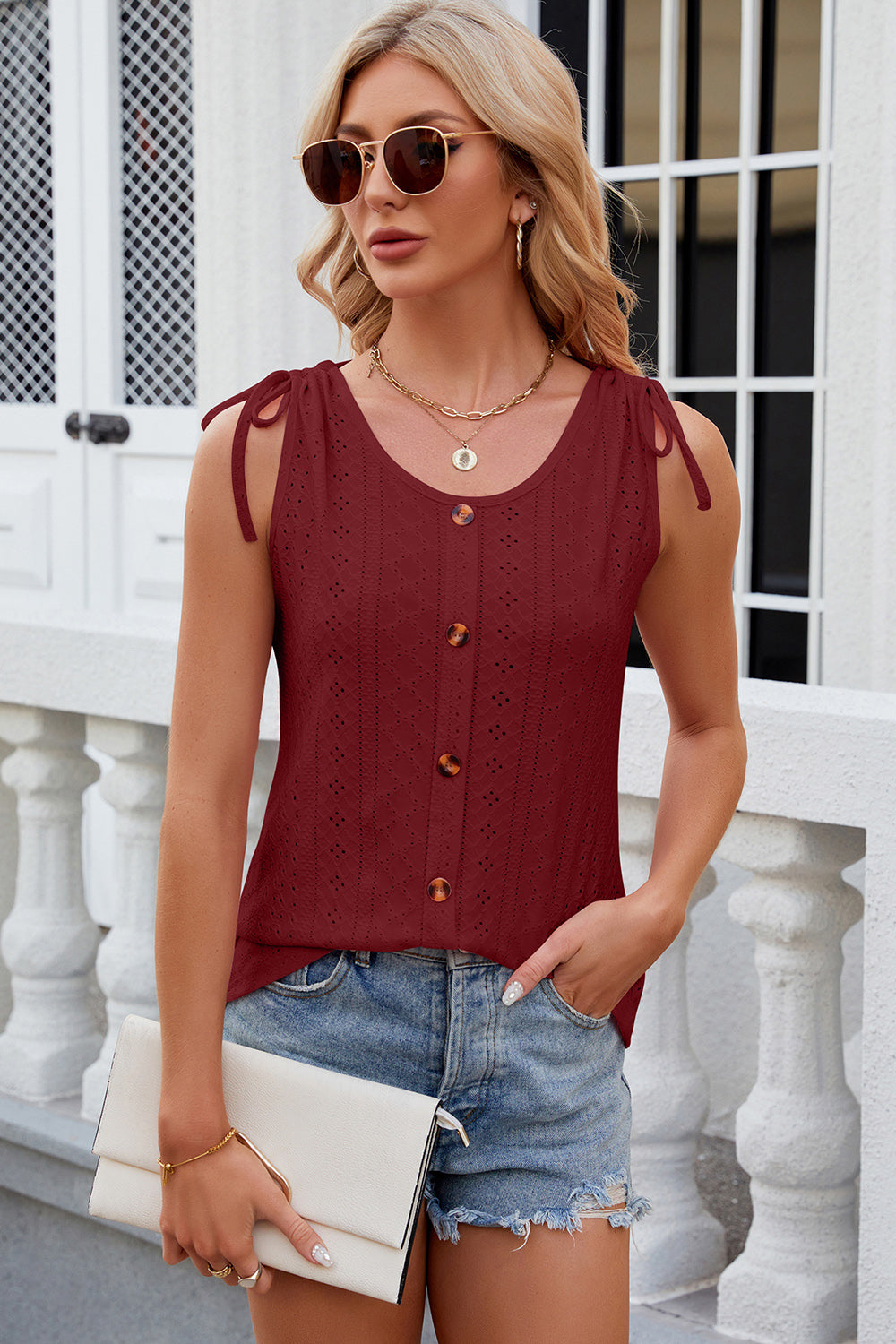 Eyelet Round Neck Wide Strap Tank - Whimsical Appalachian Boutique