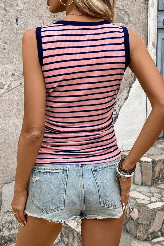 Striped Contrast Trim Round Neck Tank Top - Whimsical Appalachian Boutique