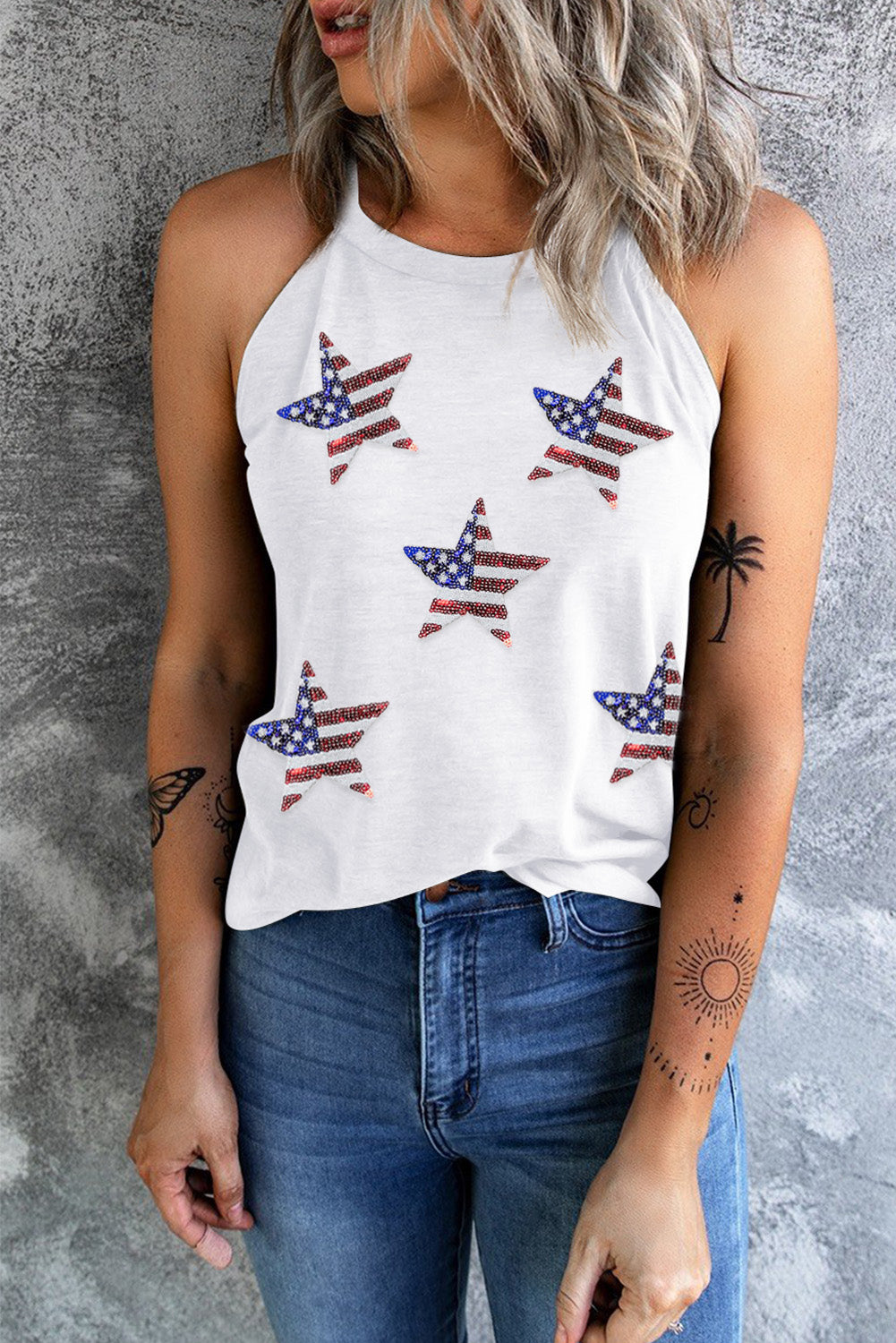 Sequin Flag Grecian Neck White Tank Top - Whimsical Appalachian Boutique