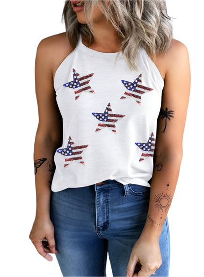 Sequin Flag Grecian Neck White Tank Top - Whimsical Appalachian Boutique