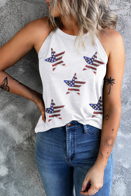 Sequin Flag Grecian Neck White Tank Top - Whimsical Appalachian Boutique