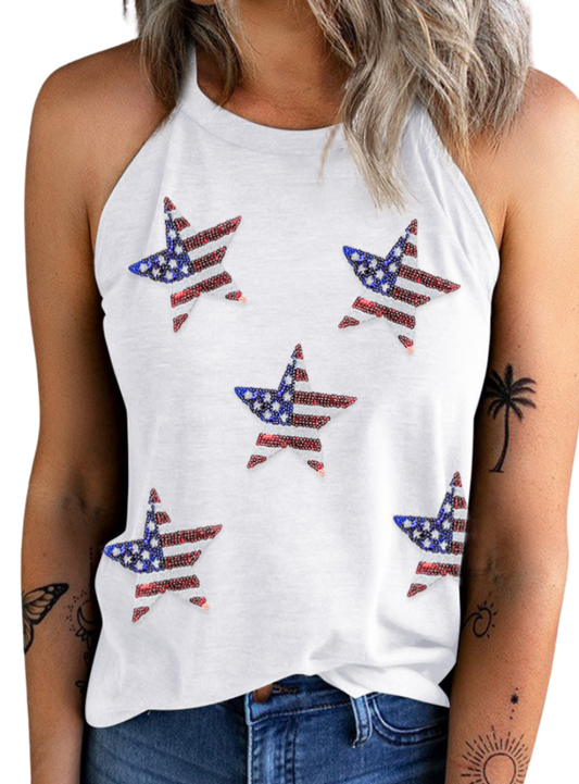 Sequin Flag Grecian Neck White Tank Top - Whimsical Appalachian Boutique