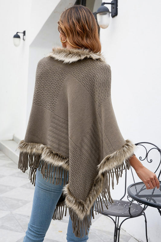 Taupe poncho with elegant faux fur trim and fringe
