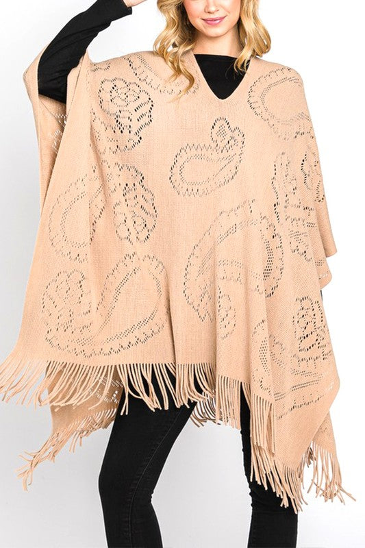 Taupe paisley perforated knit poncho with fringe hem, front view.
